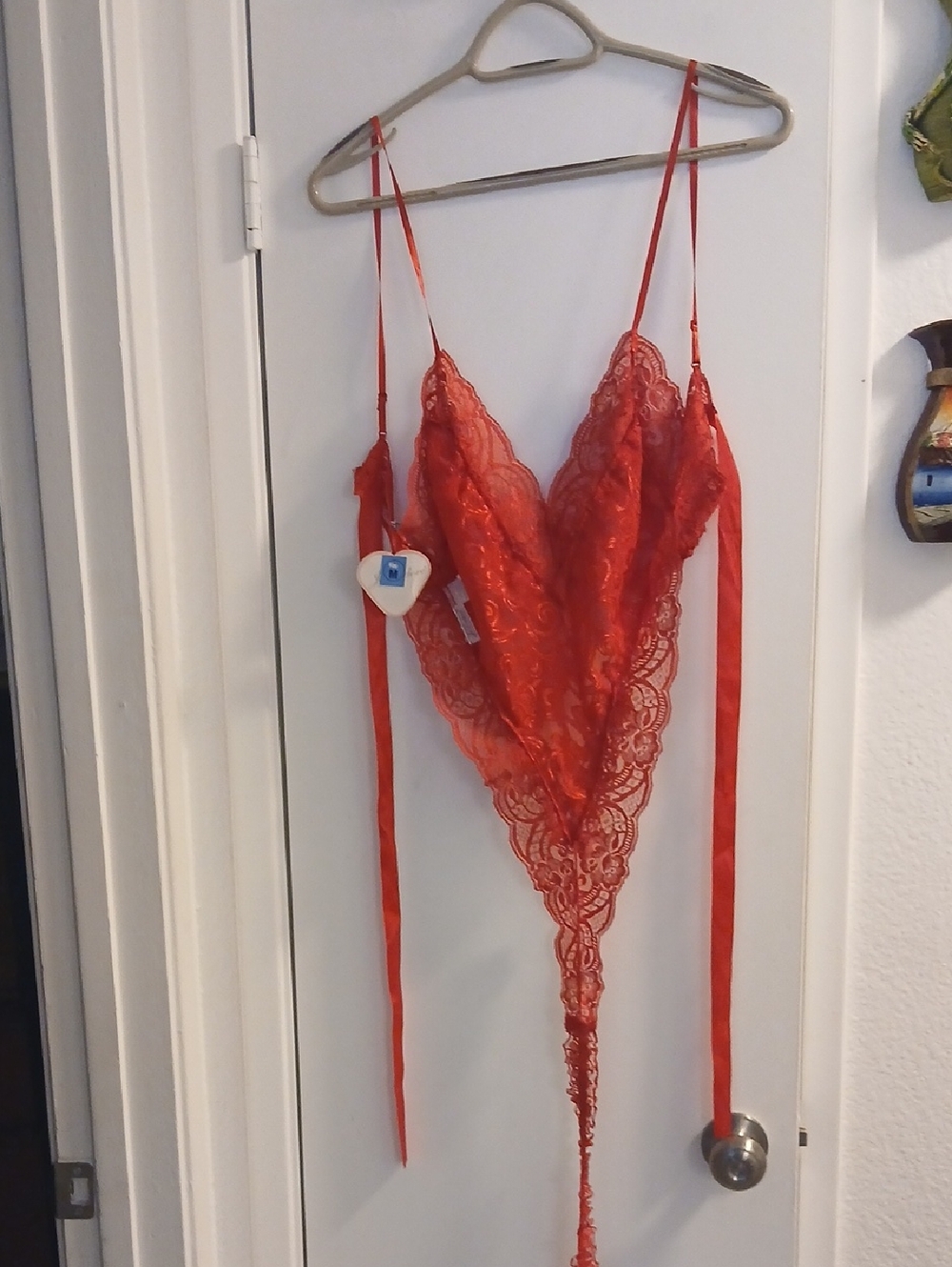 Le Adore Red Lace Plunge Teddy with Scalloped Trim Medium NWT